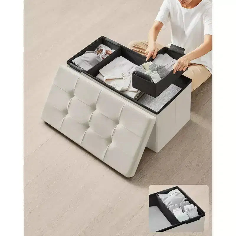 SONGMICS Banco otomano de almacenamiento, reposapiés plegable con 2 cajas de almacenamiento adicionales, soporta hasta 300 kg