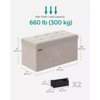 SONGMICS Banco otomano de almacenamiento, reposapiés plegable con 2 cajas de almacenamiento adicionales, soporta hasta 300 kg