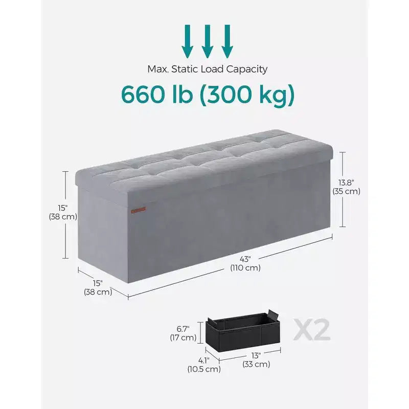 SONGMICS Banco otomano de almacenamiento, reposapiés plegable con 2 cajas de almacenamiento adicionales, soporta hasta 300 kg