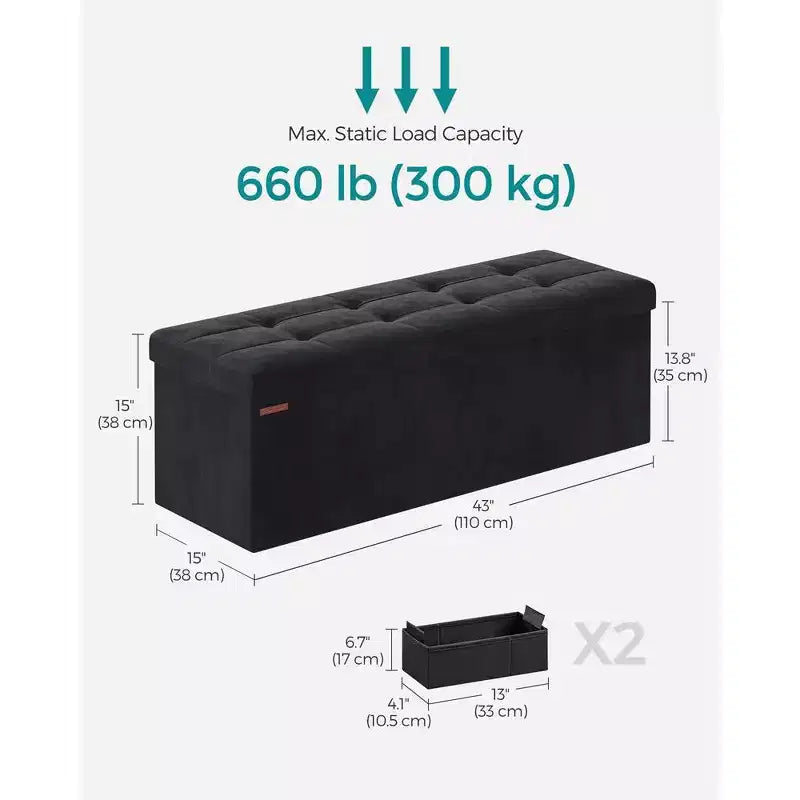 SONGMICS Banco otomano de almacenamiento, reposapiés plegable con 2 cajas de almacenamiento adicionales, soporta hasta 300 kg