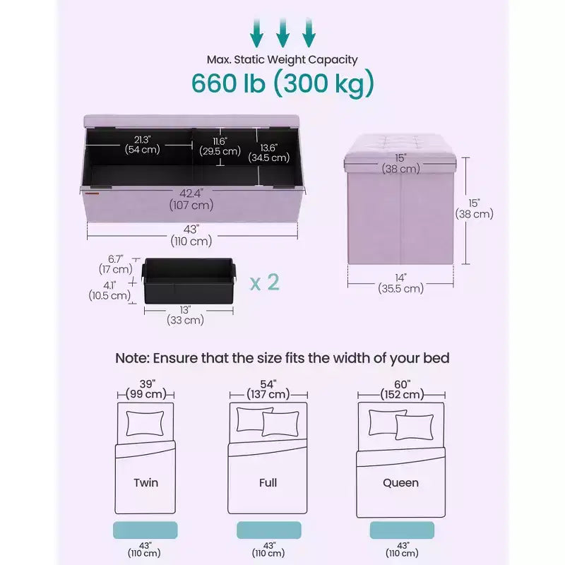 SONGMICS Banco otomano de almacenamiento, reposapiés plegable con 2 cajas de almacenamiento adicionales, soporta hasta 300 kg