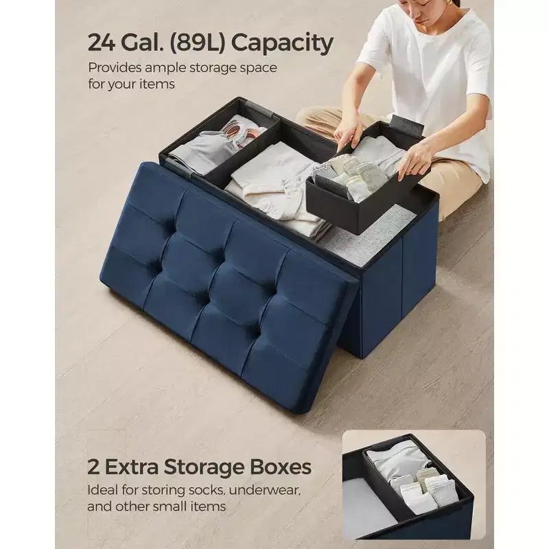 SONGMICS Banco otomano de almacenamiento, reposapiés plegable con 2 cajas de almacenamiento adicionales, soporta hasta 300 kg