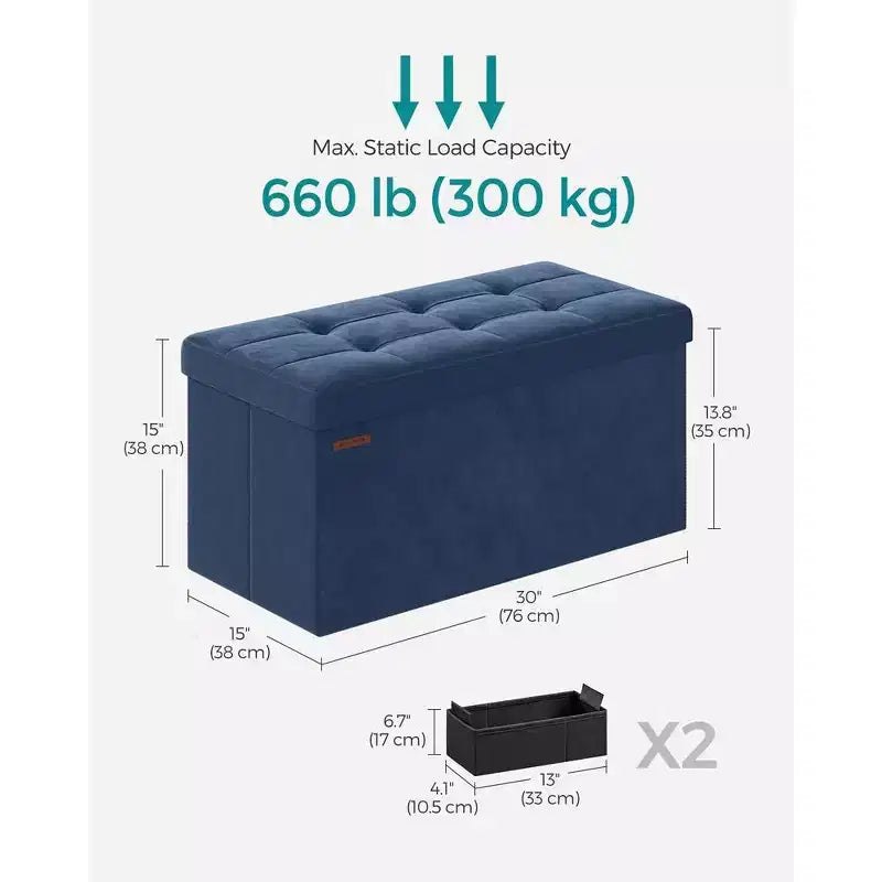 SONGMICS Banco otomano de almacenamiento, reposapiés plegable con 2 cajas de almacenamiento adicionales, soporta hasta 300 kg