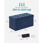 SONGMICS Banco otomano de almacenamiento, reposapiés plegable con 2 cajas de almacenamiento adicionales, soporta hasta 300 kg