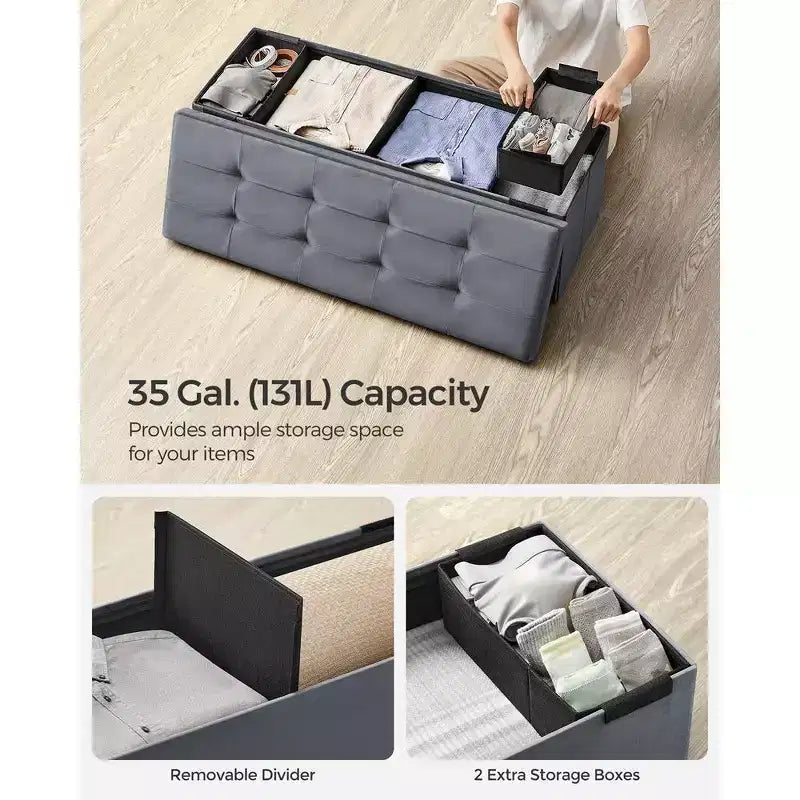 SONGMICS Banco otomano de almacenamiento, reposapiés plegable con 2 cajas de almacenamiento adicionales, soporta hasta 300 kg