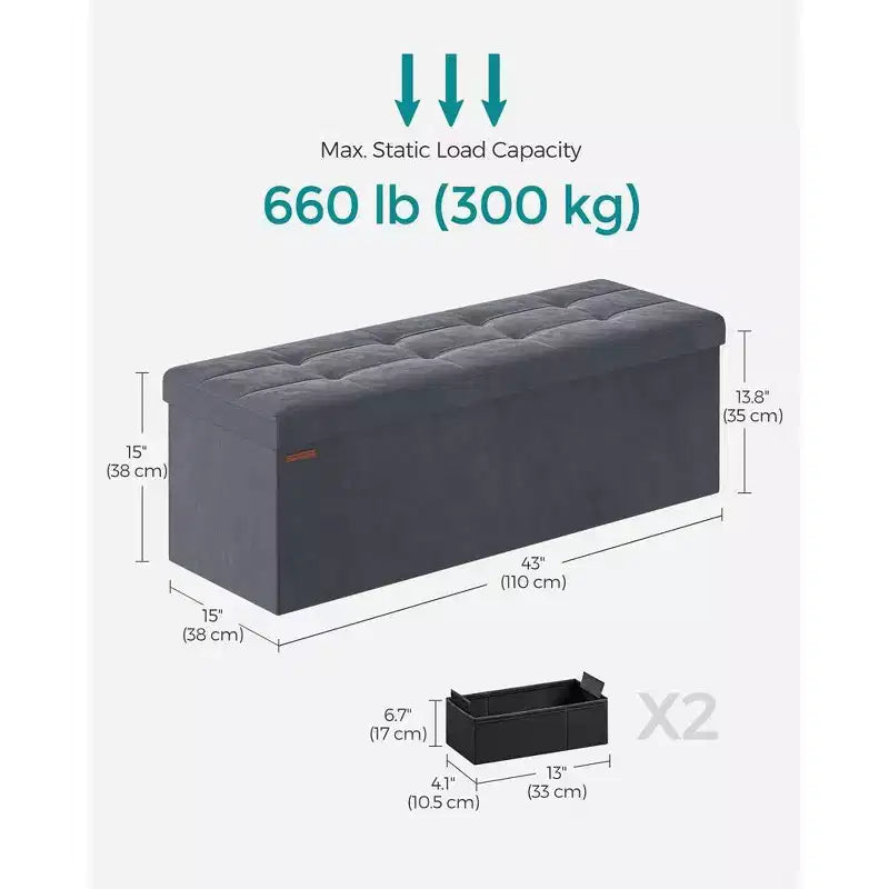 SONGMICS Banco otomano de almacenamiento, reposapiés plegable con 2 cajas de almacenamiento adicionales, soporta hasta 300 kg