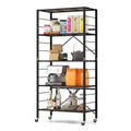 Costway 5-Tier Folding Shelf Free DIY Design Shelving Unit with 4 Universal Wheels Kitchen Black/Natural