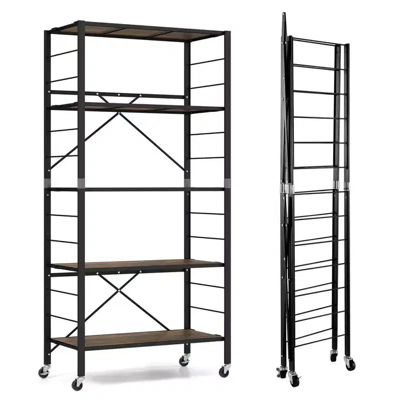 Estantería plegable de 5 niveles Costway, diseño de bricolaje libre con 4 ruedas universales, cocina, negro/natural