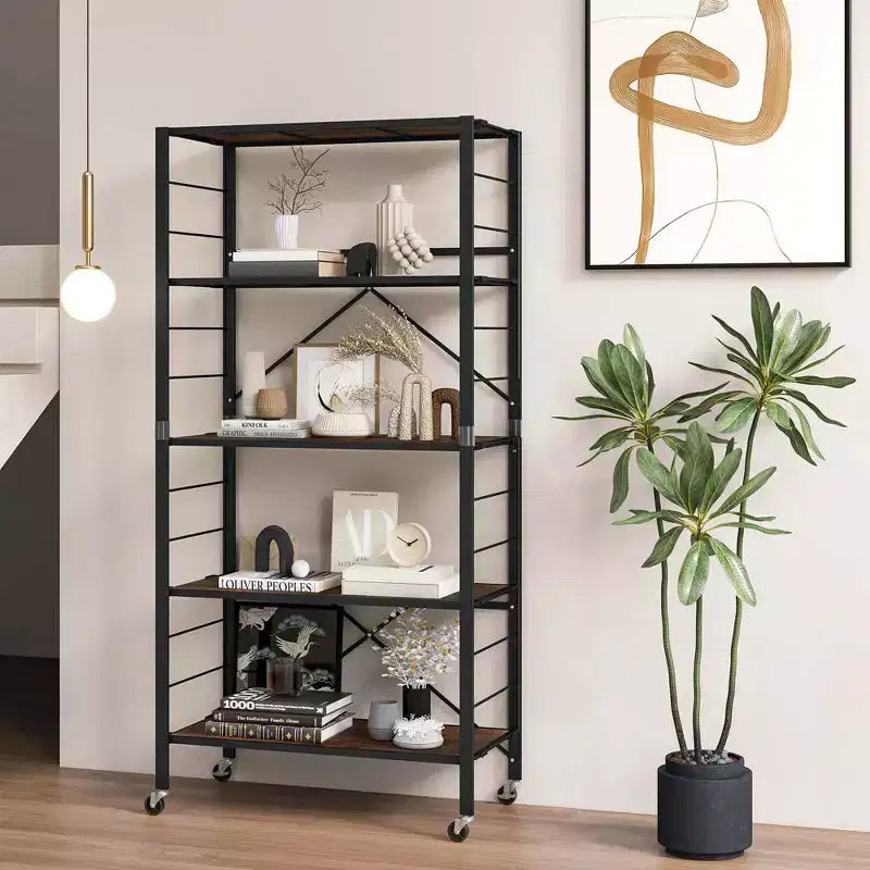 Estantería plegable de 5 niveles Costway, diseño de bricolaje libre con 4 ruedas universales, cocina, negro/natural