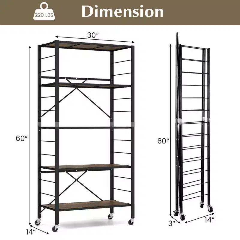 Estantería plegable de 5 niveles Costway, diseño de bricolaje libre con 4 ruedas universales, cocina, negro/natural