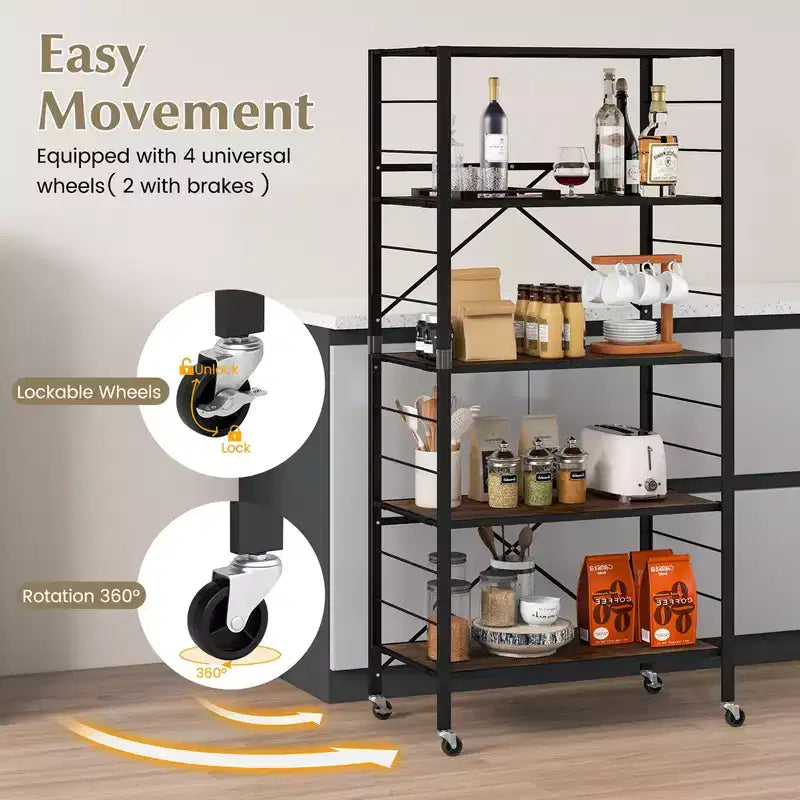 Estantería plegable de 5 niveles Costway, diseño de bricolaje libre con 4 ruedas universales, cocina, negro/natural