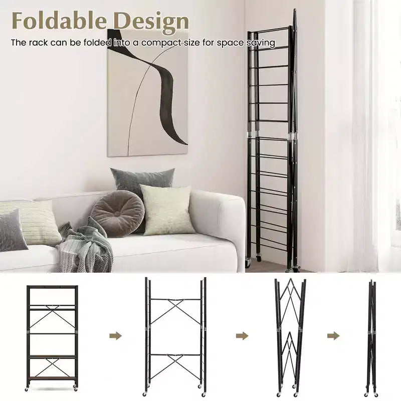 Estantería plegable de 5 niveles Costway, diseño de bricolaje libre con 4 ruedas universales, cocina, negro/natural