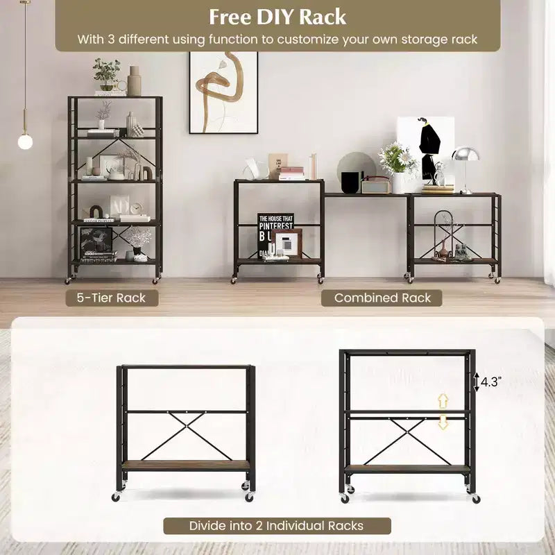 Estantería plegable de 5 niveles Costway, diseño de bricolaje libre con 4 ruedas universales, cocina, negro/natural