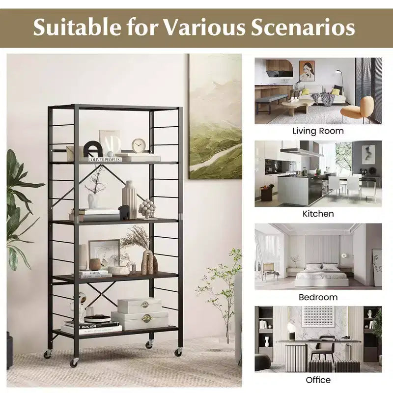 Estantería plegable de 5 niveles Costway, diseño de bricolaje libre con 4 ruedas universales, cocina, negro/natural
