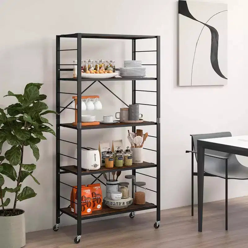 Estantería plegable de 5 niveles Costway, diseño de bricolaje libre con 4 ruedas universales, cocina, negro/natural