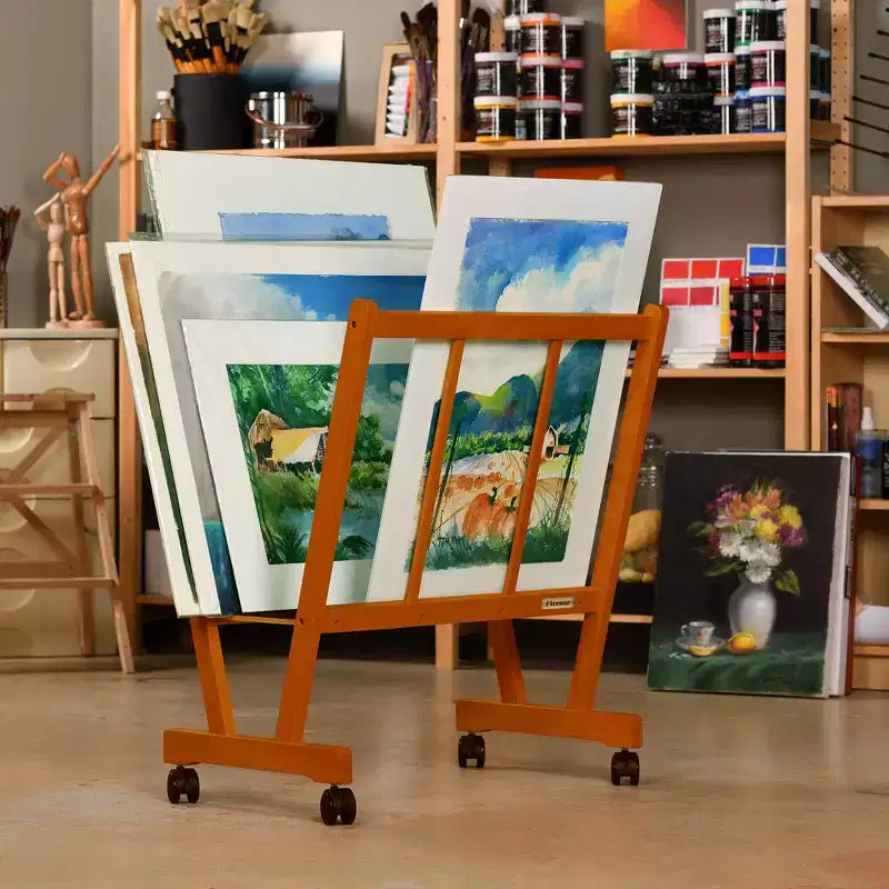 Caballete expositor de madera con ruedas Firenze de Creative Mark - Perfecto para exponer lienzos, obras de arte, láminas, paneles, pósters, exposiciones de galerías de arte, almacenamiento