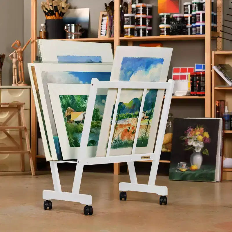 Caballete expositor de madera con ruedas Firenze de Creative Mark - Perfecto para exponer lienzos, obras de arte, láminas, paneles, pósters, exposiciones de galerías de arte, almacenamiento