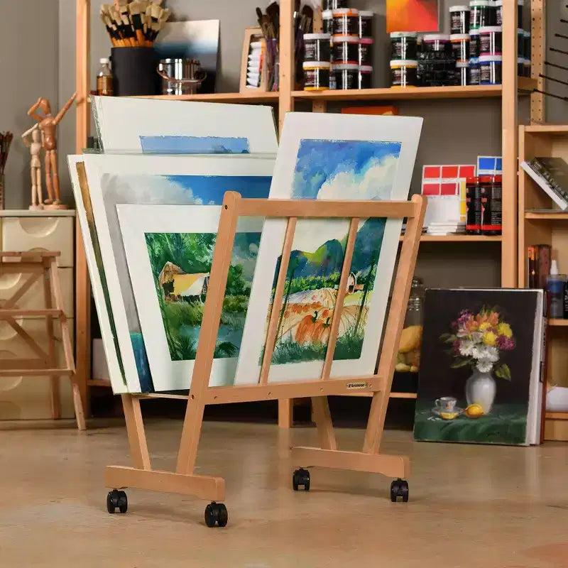 Caballete expositor de madera con ruedas Firenze de Creative Mark - Perfecto para exponer lienzos, obras de arte, láminas, paneles, pósters, exposiciones de galerías de arte, almacenamiento