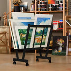 Caballete expositor de madera con ruedas Firenze de Creative Mark - Perfecto para exponer lienzos, obras de arte, láminas, paneles, pósters, exposiciones de galerías de arte, almacenamiento