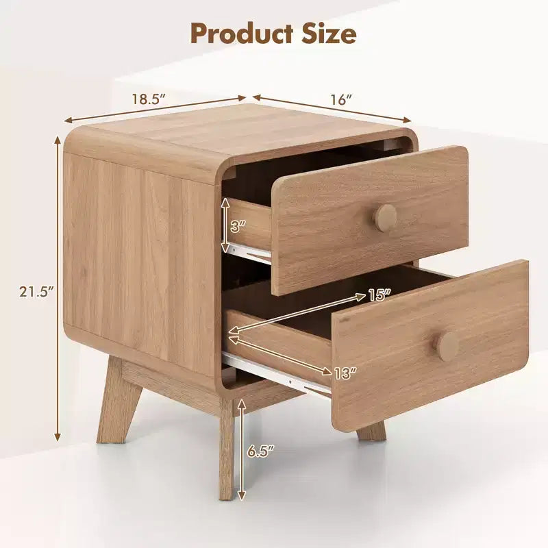 Costway 1/2 Uds. Mesita de Noche Moderna de 2 Cajones con Patas de Madera Maciza de Caucho, Marrón