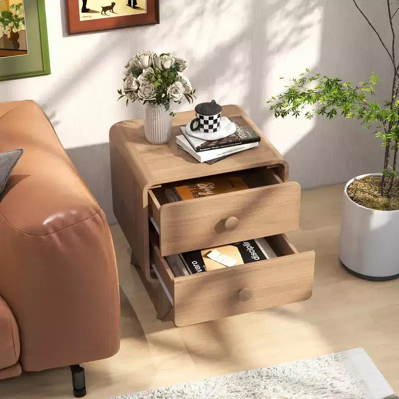 Costway 1/2 Uds. Mesita de Noche Moderna de 2 Cajones con Patas de Madera Maciza de Caucho, Marrón