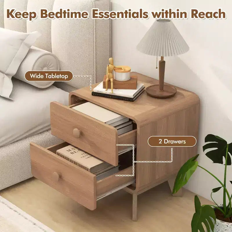 Costway 1/2 Uds. Mesita de Noche Moderna de 2 Cajones con Patas de Madera Maciza de Caucho, Marrón