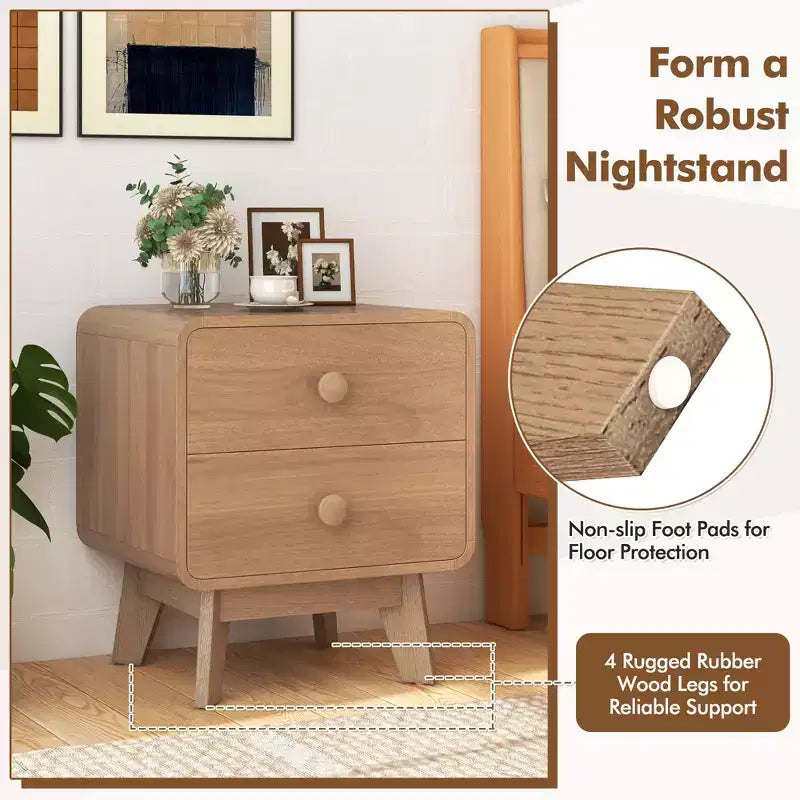 Costway 1/2 Uds. Mesita de Noche Moderna de 2 Cajones con Patas de Madera Maciza de Caucho, Marrón