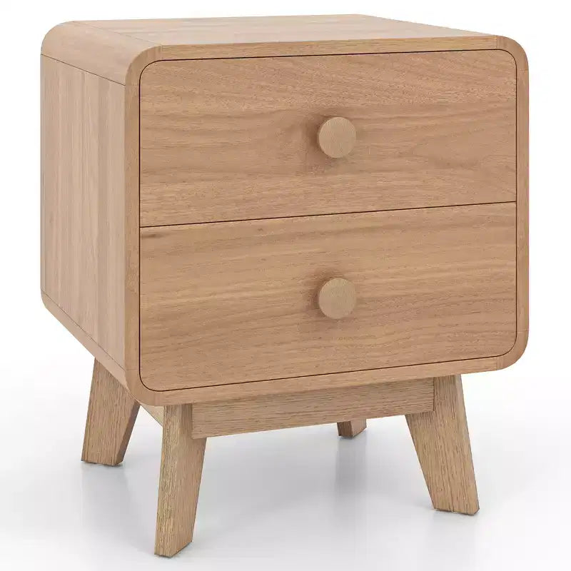 Costway 1/2 Uds. Mesita de Noche Moderna de 2 Cajones con Patas de Madera Maciza de Caucho, Marrón