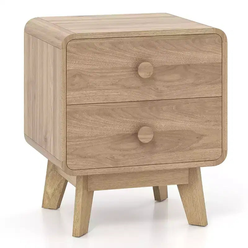 Costway 1/2 Uds. Mesita de Noche Moderna de 2 Cajones con Patas de Madera Maciza de Caucho, Marrón