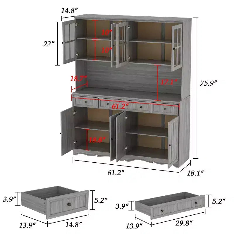 Famapy 61.2W Gabinete de Almacenamiento Gris, Aparador, Vitrina de Cocina con Moldura de Base Ornamental: Combinación de Elegancia y Utilidad