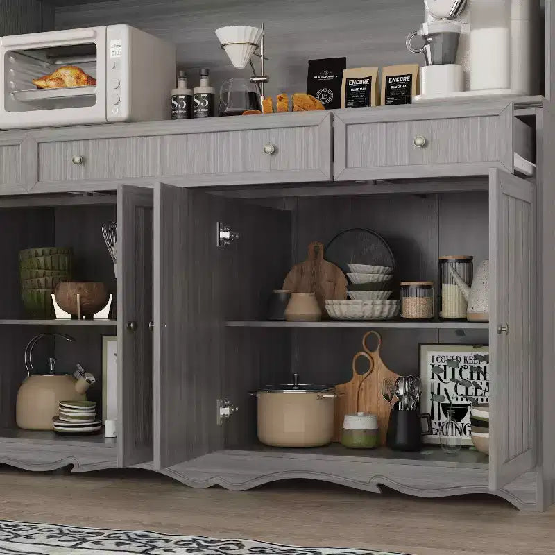Famapy 61.2W Gabinete de Almacenamiento Gris, Aparador, Vitrina de Cocina con Moldura de Base Ornamental: Combinación de Elegancia y Utilidad