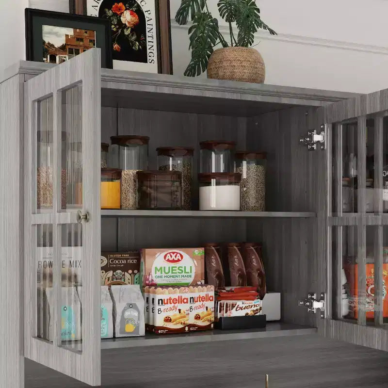 Famapy 61.2W Gabinete de Almacenamiento Gris, Aparador, Vitrina de Cocina con Moldura de Base Ornamental: Combinación de Elegancia y Utilidad