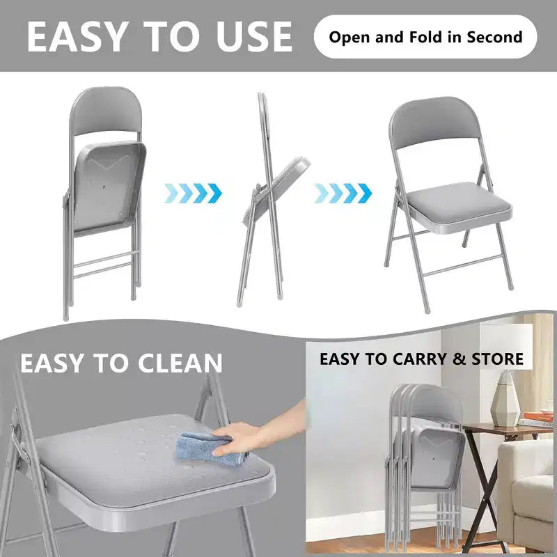 Sillas plegables SUGIFT con asientos acolchados, estructura metálica con asiento y respaldo de vinilo, capacidad 159 kg, grises, juego de 4