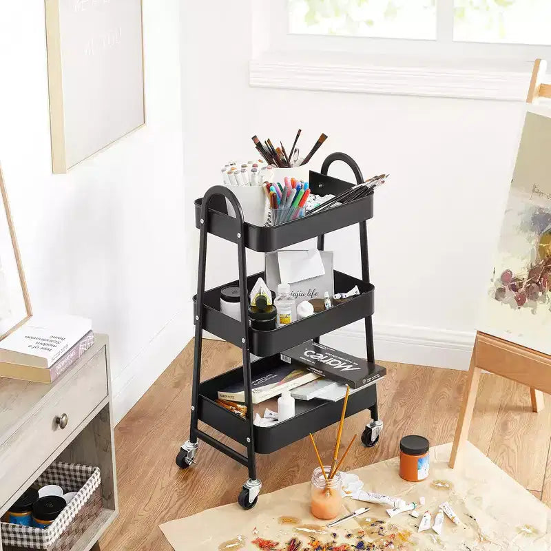 SONGMICS Carrito rodante de 3 niveles, carrito de almacenamiento de metal, carrito de cocina con 2 frenos y asas, carrito utilitario, fácil montaje