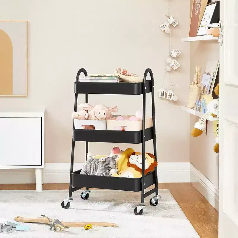 SONGMICS Carrito rodante de 3 niveles, carrito de almacenamiento de metal, carrito de cocina con 2 frenos y asas, carrito utilitario, fácil montaje
