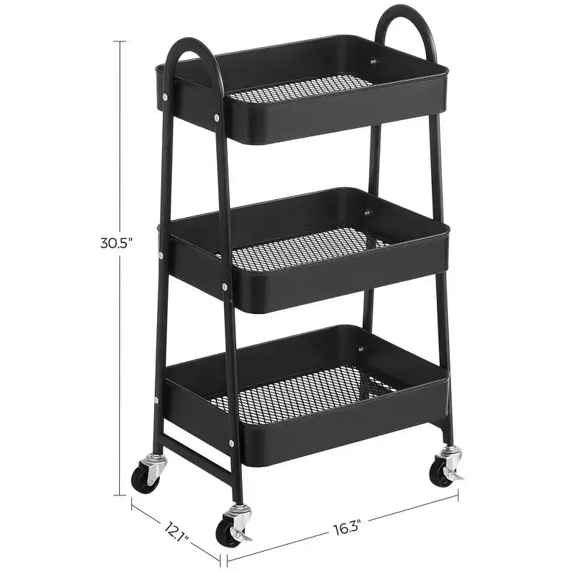 SONGMICS Carrito rodante de 3 niveles, carrito de almacenamiento de metal, carrito de cocina con 2 frenos y asas, carrito utilitario, fácil montaje