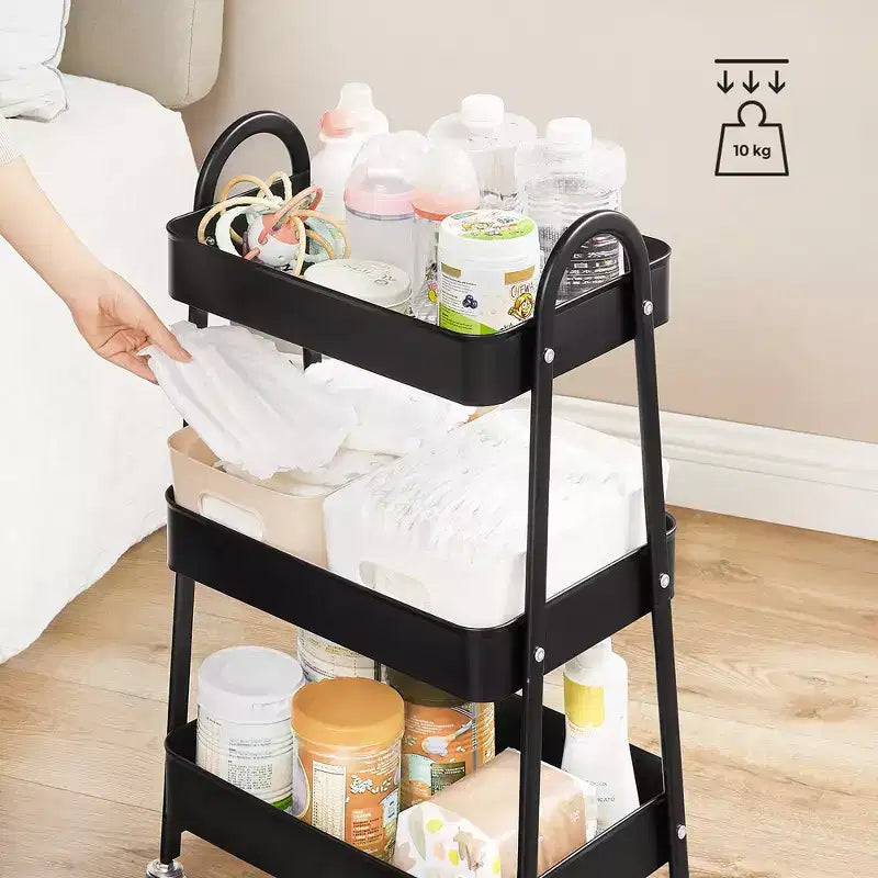 SONGMICS Carrito rodante de 3 niveles, carrito de almacenamiento de metal, carrito de cocina con 2 frenos y asas, carrito utilitario, fácil montaje