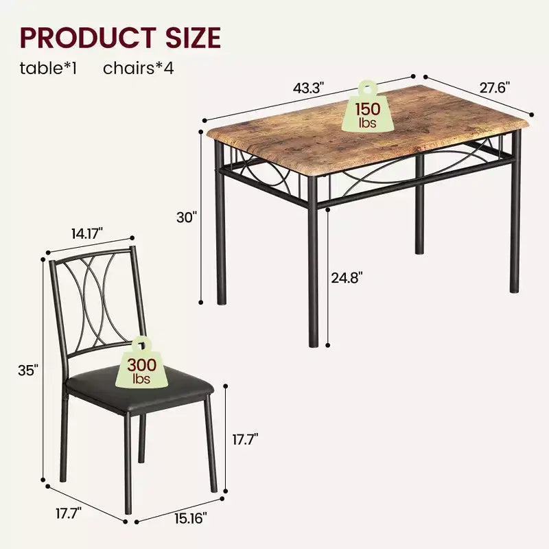 Juego de mesa de comedor Garvee, juego de mesa de comedor de madera de 4 piezas con 4 sillas, juego de mesa rectangular de cocina para espacios pequeños, apartamentos, marrón retro
