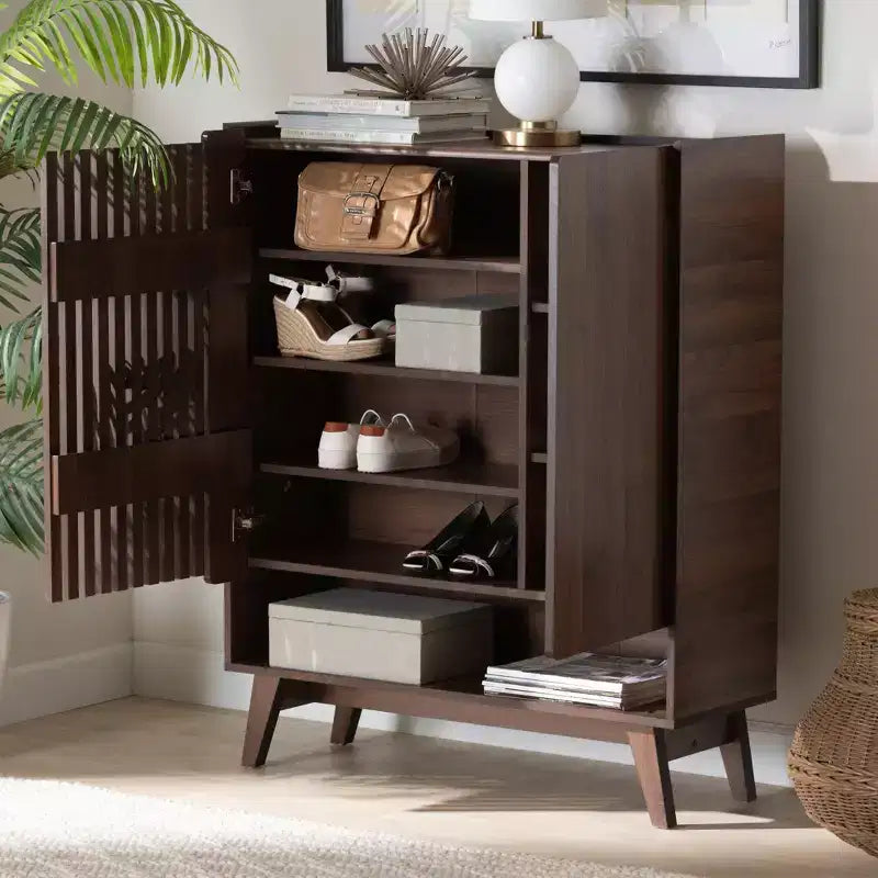 Baxton Studio Paricia Zapatero de madera con acabado nogal marrón de mediados de siglo