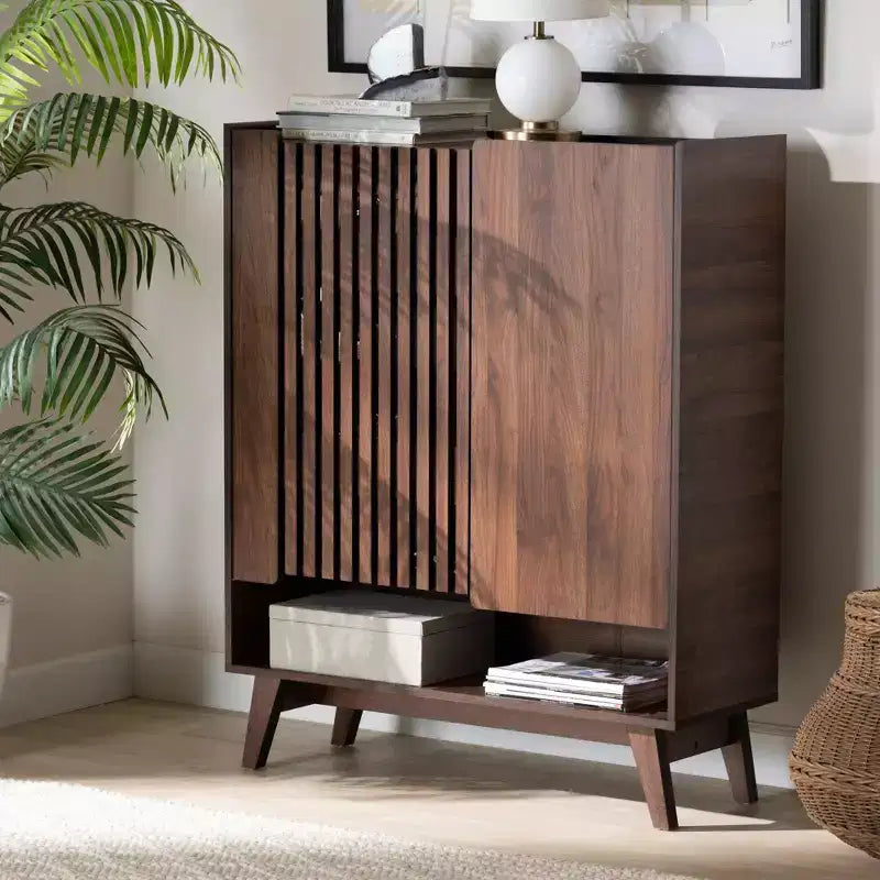Baxton Studio Paricia Zapatero de madera con acabado nogal marrón de mediados de siglo