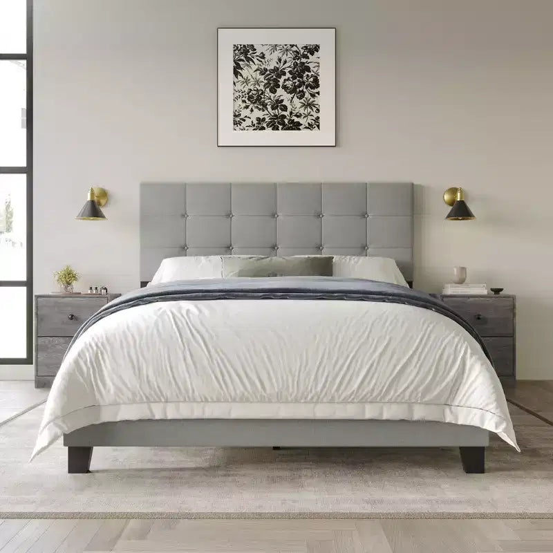 Cama con paneles Sara de Home Design con 2 mesitas de noche, gris