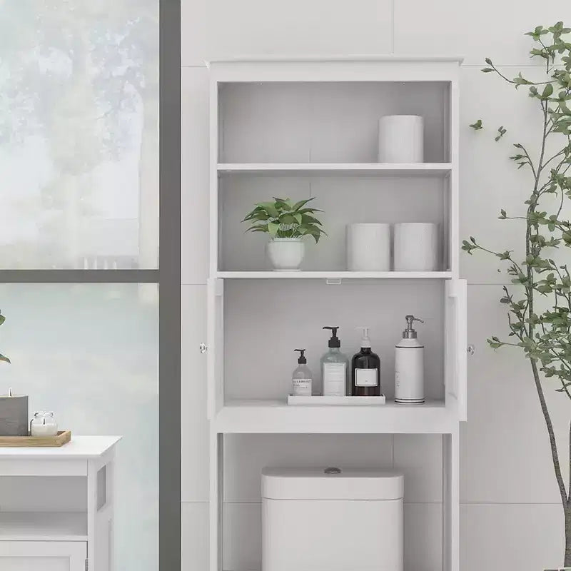 Gabinete de almacenamiento de 70 pulgadas sobre el inodoro, estante de almacenamiento de 2 niveles que ahorra espacio en el baño, organizador de baño con estantes abiertos y puerta doble