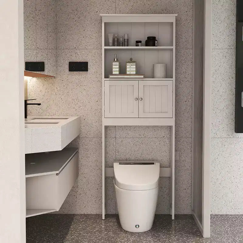 Gabinete de almacenamiento de 70 pulgadas sobre el inodoro, estante de almacenamiento de 2 niveles que ahorra espacio en el baño, organizador de baño con estantes abiertos y puerta doble