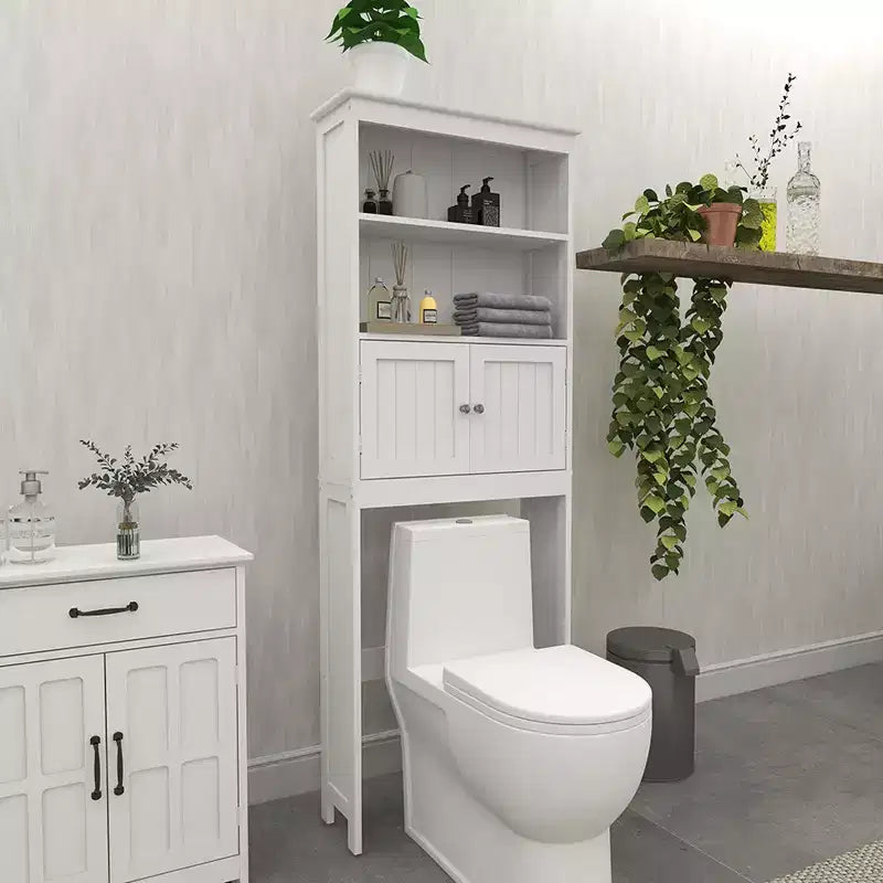 Gabinete de almacenamiento de 70 pulgadas sobre el inodoro, estante de almacenamiento de 2 niveles que ahorra espacio en el baño, organizador de baño con estantes abiertos y puerta doble