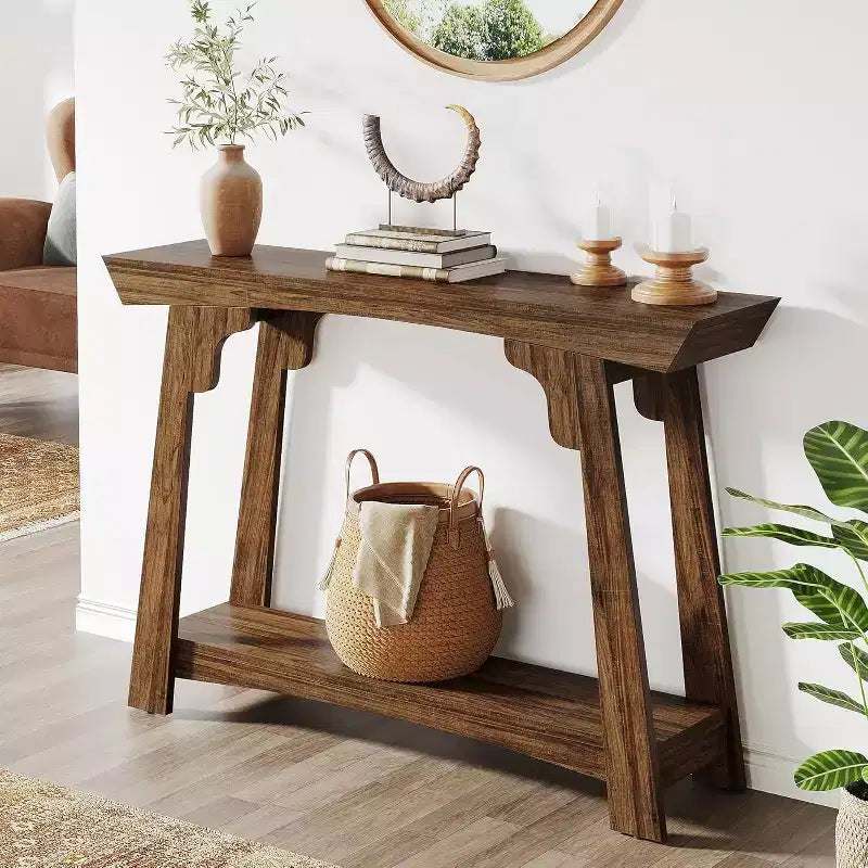 Mesa consola estrecha de madera de 2 niveles Lantine