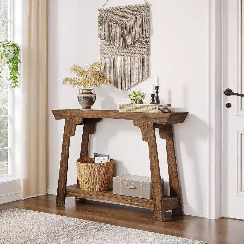 Mesa consola estrecha de madera de 2 niveles Lantine