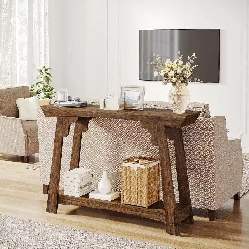 Mesa consola estrecha de madera de 2 niveles Lantine