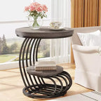 Mesa auxiliar redonda Lantine de 2 niveles, mesa auxiliar con estante de almacenamiento, mesa auxiliar con estructura de metal en forma de arco para sala de estar, dormitorio