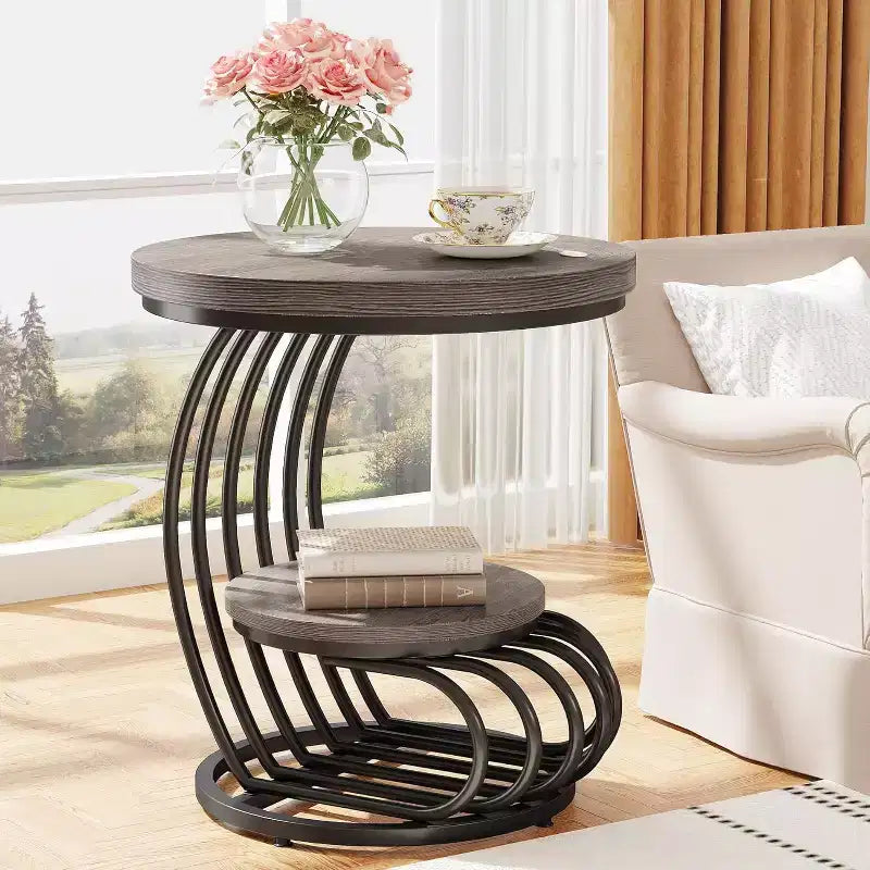 Mesa auxiliar redonda Lantine de 2 niveles, mesa auxiliar con estante de almacenamiento, mesa auxiliar con estructura de metal en forma de arco para sala de estar, dormitorio