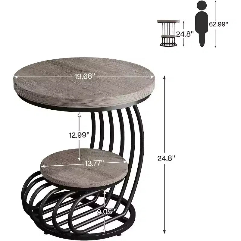 Mesa auxiliar redonda Lantine de 2 niveles, mesa auxiliar con estante de almacenamiento, mesa auxiliar con estructura de metal en forma de arco para sala de estar, dormitorio